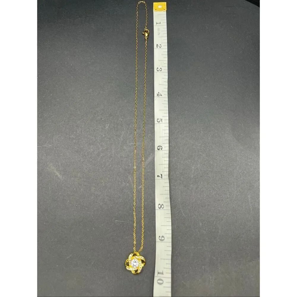 Red Apple Faux Rose Large Gift Box Gold Tone Cubic Zirconia Love Knot Necklace